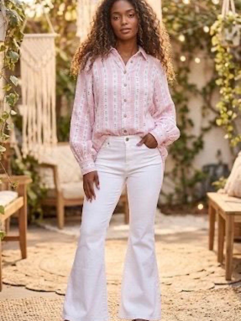 Pink Oversized Button-Up Patterned Blouse Size Small